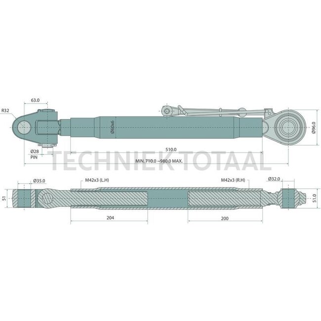 GRANIT Mechanical top link - 20012912, RE44558 | I: M42 x 3 mm | A cat.: 3 / 32 | B cat.: 3 / 32 | C: 440 mm | D: 730 / 980 mm | K: 50 mm | Type: Clevis joint/clevis joint | Top link type: mechanical