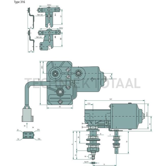 GRANIT Ruitenwissermotor - 65415281, 3540018M91, 3311910M91 | Hoek: 110 ° | Volt: 12 | A: 79 mm | B: 58 mm | C: 55 mm | D: M12 x 1 mm | W: konisch 8 x M6 mm | Omw./min.: 45 | Parkeerstand: links | Ruitenwisserbladlengte max.: 675 mm