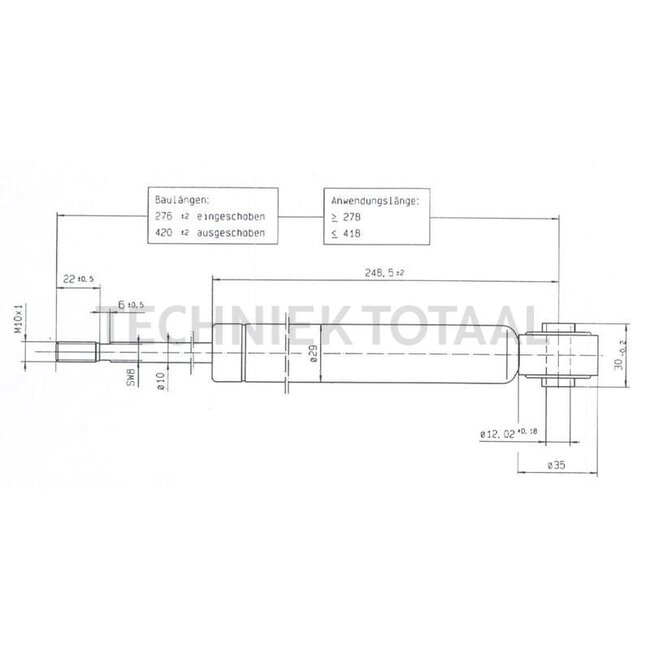 GRANIT Gasdruckdämpfer - 6549704902, 2355KD | A: 278 mm | C: 10 mm | D: 12,02 mm | d1: 10 mm | d2: 26 mm | Hub: 144 mm | Newton: 350 | Ausführung: Buchse Metall mit Gummipuffer