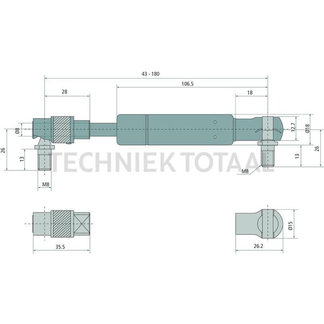 GRANIT Gas strut - 6549711944, 791125 | Newtons: 300 | A: 180 mm | B: 88 mm | C: 8 mm | D: 8 mm | Stroke: 43 mm | d1: 8 mm | d2: 18 mm | Form: 2 | Version: Spezialdämpfer