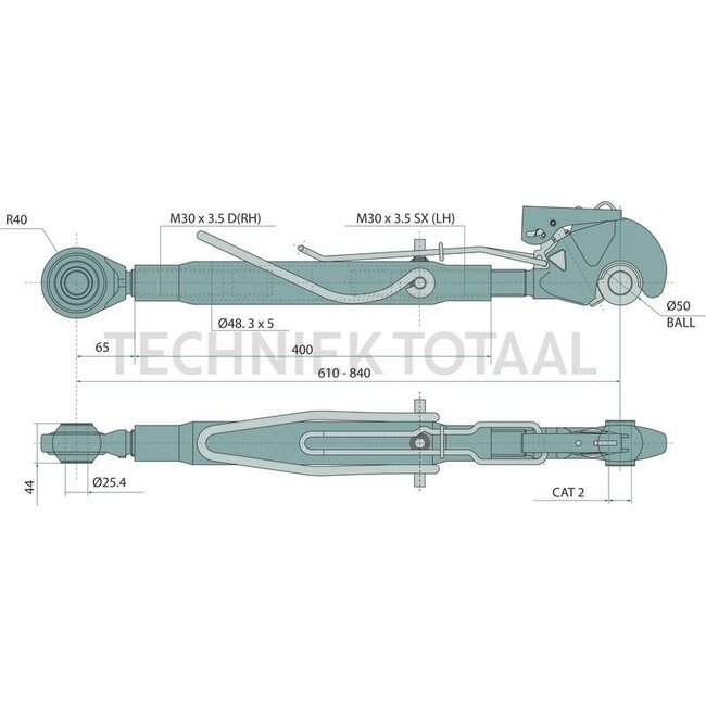 GRANIT Mechanischer Oberlenker - 20002025, 1-32-274-030 | I: M30 x 3,5 mm | A Kat.: 2 / 25,4 | B Kat.: 2 / 25,4 | C: 400 mm | D: 610 / 840 mm | H: 44 mm | Bauart: Fanghaken / Kugelgelenk | Oberlenkertyp: mechanisch
