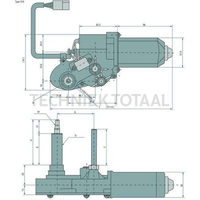 Ruitenwissermotor zonder schakelaar - 654900076 | Hoek: 85 ° | Volt: 12 | A: 69 mm | B: 48 mm | C: 55 mm | D: M16 mm | F: M8 mm | G: 57 mm | W: konisch 8 x M6 mm | Omw./min.: 42 | Aansluiting: 4-polig | Parkeerstand: links | Ruitenwisserbladlengte max.: 7