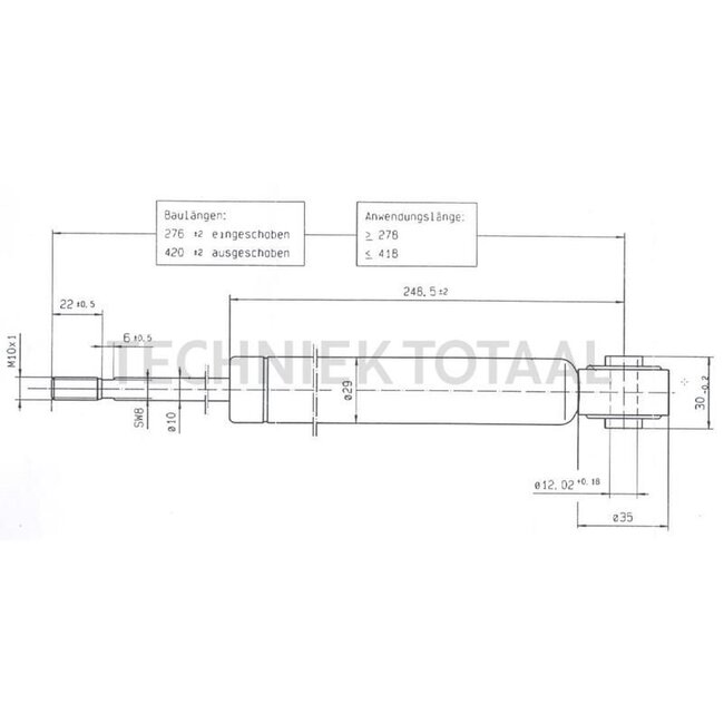 GRANIT Gasdruckdämpfer - 6549702270, 747FH, 0747FH | A: 144 mm | C: M10x1 mm | D: 12,02 mm | d1: 10 mm | d2: 26 mm | Hub: 144 mm | Newton: 380 | Ausführung: Buchse Metall mit Gummipuffer