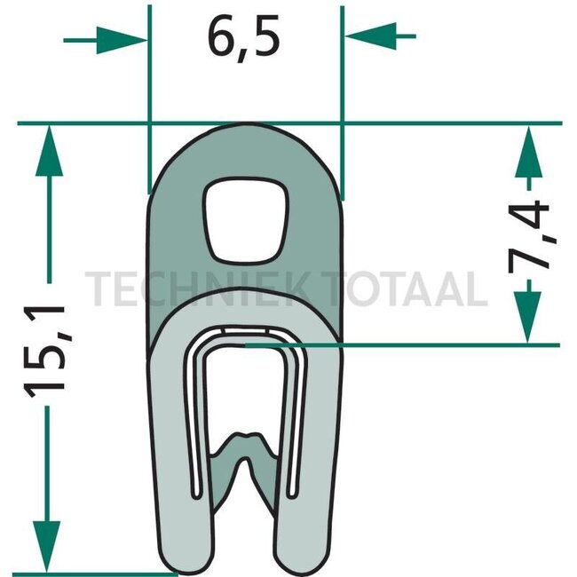 GRANIT Rubber seal - 654A1107 | Clamping range: 1 - 2 mm | Length: 1 m | B: 6,5 mm | H: 15,1 mm