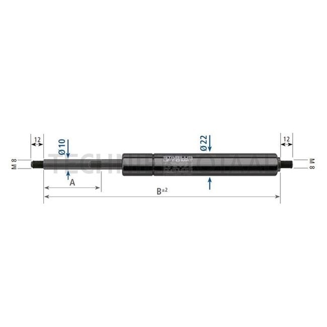 Gasdrukveer 900 N, 470 mm, slag 202 mm, M8 | 848470