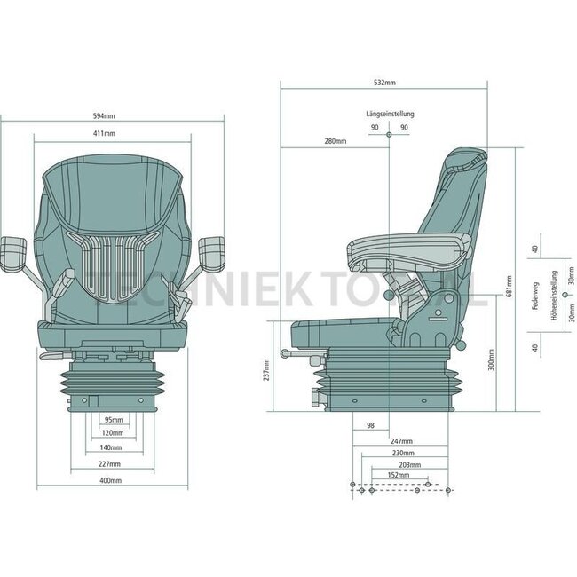 GRAMMER Compacto Basic S MSG83/511 - 2401081364, 1081364 | Federung: mechanisch | Polsterart: PVC | Sitzkontaktschalter: Optional | Spurmaß: 227 mm | Sitzbreite: 400 mm | Längshorizontalfederung: Optional | Sitzheizung: Optional | Länge: 501 mm | Höhe: 627 → 687