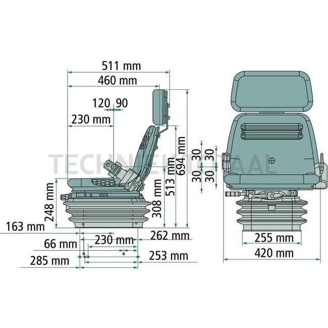 GRAMMER Compacto Basic XS MSG283/8 - 2401333859, 1333859 | Ophanging: mechanisch | Bekledingstype: PVC | Spoormaat: 225 mm | Zittingbreedte: 420 mm | Gordelsysteem: Optioneel | Lengte: 511 mm | Hoogte: 513 → 694 mm | Zittingtype: MSG283/8 | Technische gegevens: •