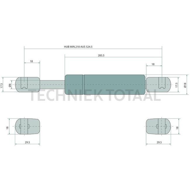 GRANIT Gas strut - 65415004, 3301920M92, 846171 | Newtons: 190 | A: 525 mm | B: 285 mm | C: 8 mm | D: 8 mm | Stroke: 218 mm | d1: 8 mm | d2: 18 mm | Form: 6