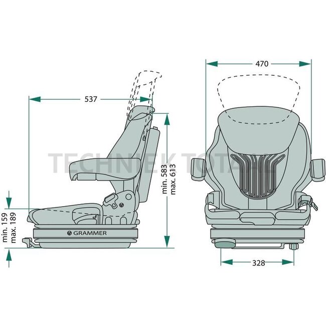 GRAMMER Heftruckzitting MSG75GL/521 - 2401293489, 1293489 | Ophanging: luchtgeveerd | Bekledingstype: stof | Zittingcontactschakelaar: ja | Spoormaat: 328 mm | Zittingbreedte: 470 mm | Joystickconsole: optioneel | Horizontale vering in de dwarsrichting: nee | Gor