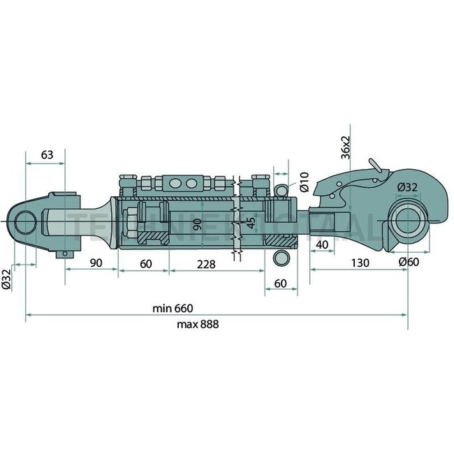 GRANIT Hydraulische topstang cat. 3, 660 - 888 mm, slag 228 mm, 11 ton