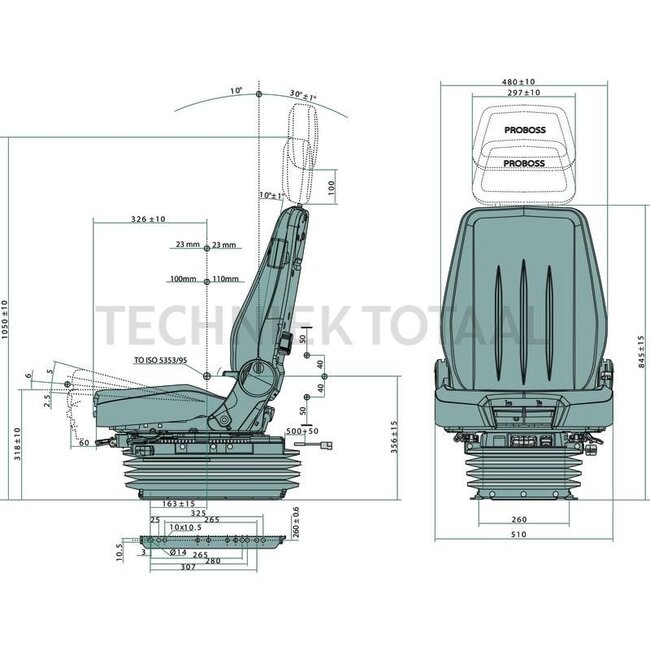 PROBOSS PROBOSS BS1510 - 11415604 | Bordspannung: 24 V | Polsterart: Stoff | Sitzkontaktschalter: Optional | Spurmaß: 260 mm | Sitzbreite: 510 mm | Joystickkonsole: Optional | Gurtsystem: Optional | Höhe: 270 → 370 mm | Technische Daten: • Luftfederung mit 24 Vol