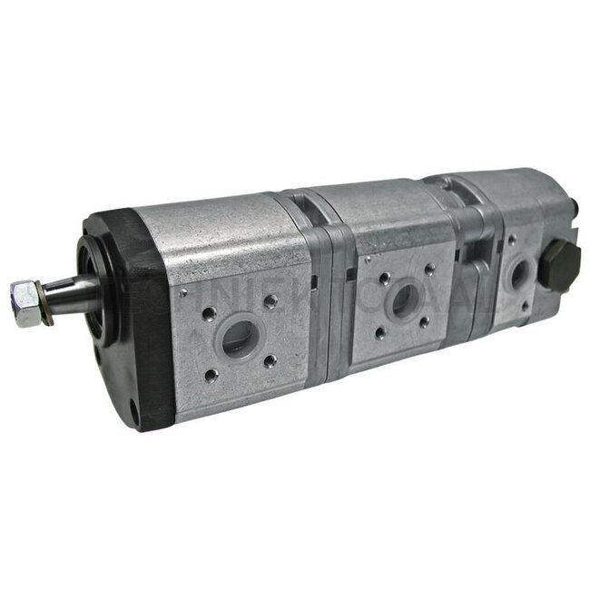 Bosch/Rexroth Dreifachpumpe linksdrehend - 256R918C02080, G117941010011, G117941010010 | Fördervolumen: 16 + 14 + 8 cm³/U | Antriebswelle: Kegel 1:5, Ø 17 x 17 | Drehrichtung: links | Leitungsanschlüsse Saugseite: Ø 40mm, 4-Loch, M6 | Leitungsanschlüsse Druckseite: Ø 3