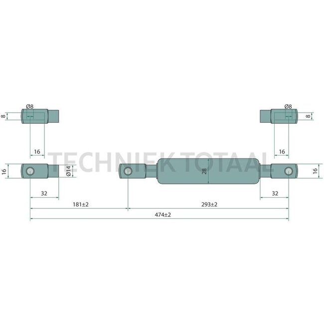 GRANIT Gasdruckdämpfer - 11398852 | Newton: 1300 | A: 474 mm | C: 8 mm | D: 8 mm | Hub: 181 mm | d1: 14 mm | d2: 28 mm | passend für: Wirtgen | Form: 15