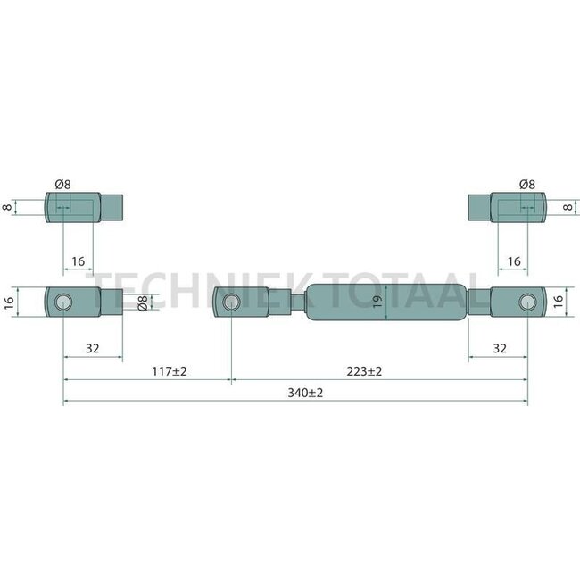 GRANIT Gas pressure damper - 11525728 | Newtons: 3000 | A: 340 mm | C: 8 mm | D: 8 mm | Stroke: 117 mm | d1: 8 mm | d2: 19 mm | To fit: Wirtgen | Form: 15