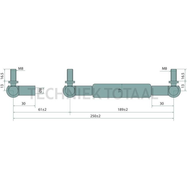 GRANIT Gas pressure damper - 11417698 | Newtons: 500 | A: 250 mm | C: 8 mm | D: 8 mm | Stroke: 61 mm | d1: 8 mm | d2: 19 mm | To fit: Wirtgen | Form: 2