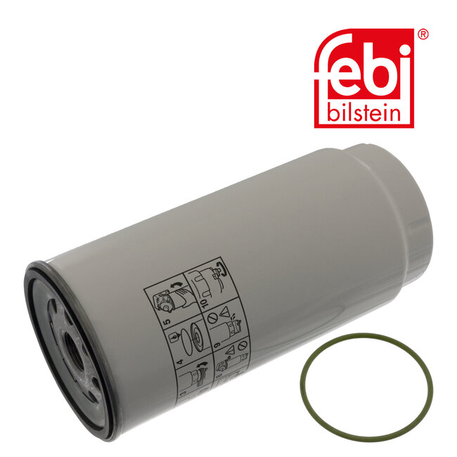 FEBI Bilstein Brandstoffilter met afdichtring - Claas, Deutz-Fahr, Liebherr, New Holland - 49557, 0144231, 10032291, 24021000, 2934715, 84303715, 8439422 | Behuizingsmateriaal: metaal | Binnendraad: 1/1" - 14 UNS | Buitendiameter: 108 mm | Filter type: opschroeffilter