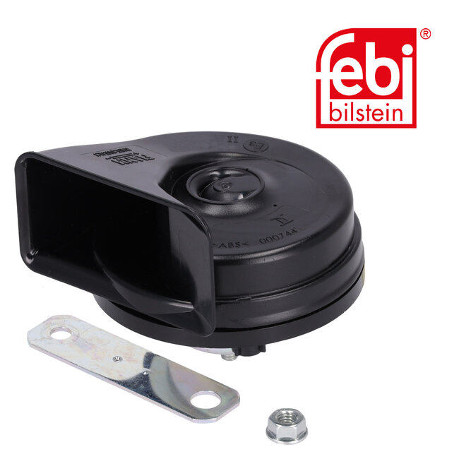 FEBI Bilstein Claxon universeel bruikbaar - 107771 | Frequentie: 495 Hz | Geluidsniveau: 110 dB | Signaaltoon: hoge toon | Aanvullend artikel 2: met verbindingsplaat | Breedte: 90 mm | Hoogte: 77 mm | Lengte: 83 mm | Spanning: 12 V