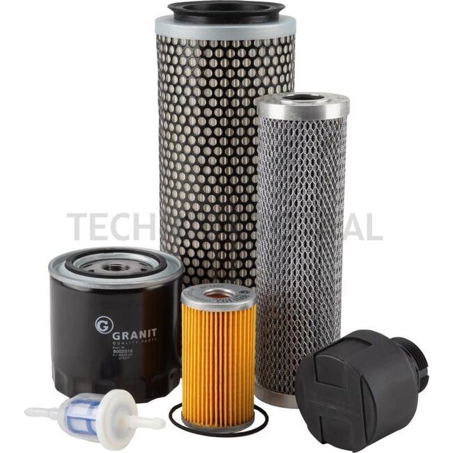 GRANIT Service kit To fit Schäffer - 11015057, 1411015057 | To fit: Schäffer | To fit type: 3033 | Engine: Kubota D 1403 | Set consisting of: Engine oil filter, Fuel filter insert, Fuel pre-filter, Air filter insert, Hydraulic filter, Ventilation filter