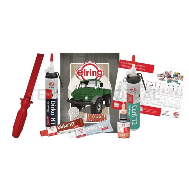 Dichtmassen Kit - 11398367, 0890346 | bestehend aus: EL-Liq 74, Dirko HT oximic grau 70 ml, Dirko oximic Profipress schwarz 200ml, Dirko HT acetic rot 70ml, Curil T2 ProfiPress, Dichmassenschaber, Dichtmassenposter mit Anwendungen und Artikelnummern, Retr
