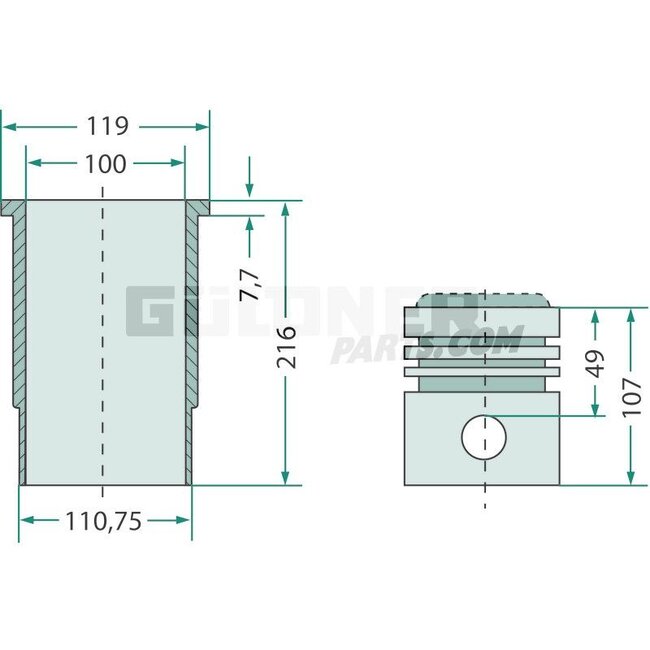 GRANIT Kolbensatz kpl. 3 Ringe, Ø 100 mm, Bolzen Ø 36 x 82 mm, Brennraum Ø 59,5 mm, Brennraumtiefe 24 mm, Feuerring 1 mm - 38002061, 3218461R95 | Abmessung: 3 Ringe, Ø 100 mm, Bolzen Ø 36 x 82 mm, Brennraum Ø 59,5 mm, Brennraumtiefe 24 mm | Beschreibung: Wird oh
