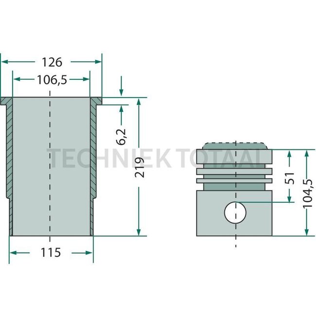 GRANIT Kolbensatz kpl Ø106,5 mm, Brennraum 56,8 mm, John Deere | RE507850, RE65969, RE505112