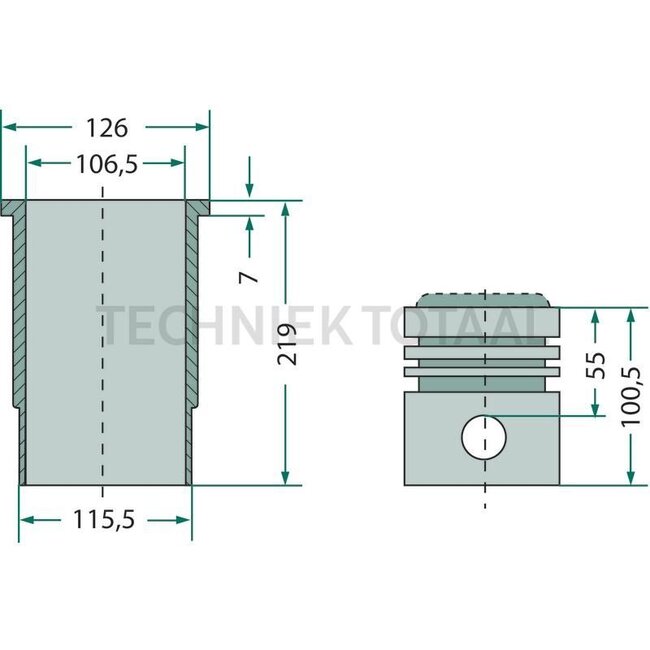 GRANIT Zuiger en cilinderset 3 veren, Ø: 106,5 mm, pistonpen 34,8 mm, verbrandingskamer 57 mm, verbrandingskamerdiepte 24 mm - 38012455, RE520835, RE505110 | Afmetingen: 3 veren, Ø: 106,5 mm, pistonpen 34,8 mm, verbrandingskamer 57 mm, verbrandingskamerdiepte: 2