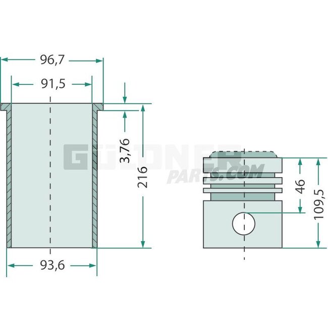 GRANIT Piston set complete 5 rings, Ø 91.48 mm, gudgeon pin Ø 31.75 x 75.3 mm, combustion chamber Ø 55.9 mm, combustion chamber depth 18.57 mm, dry liner - 38015097, 68332+41158057+31358345, 68332 + 41158057 + 31358345 | Dimensions: 5 rings, Ø 91.48 mm, Gudgeon