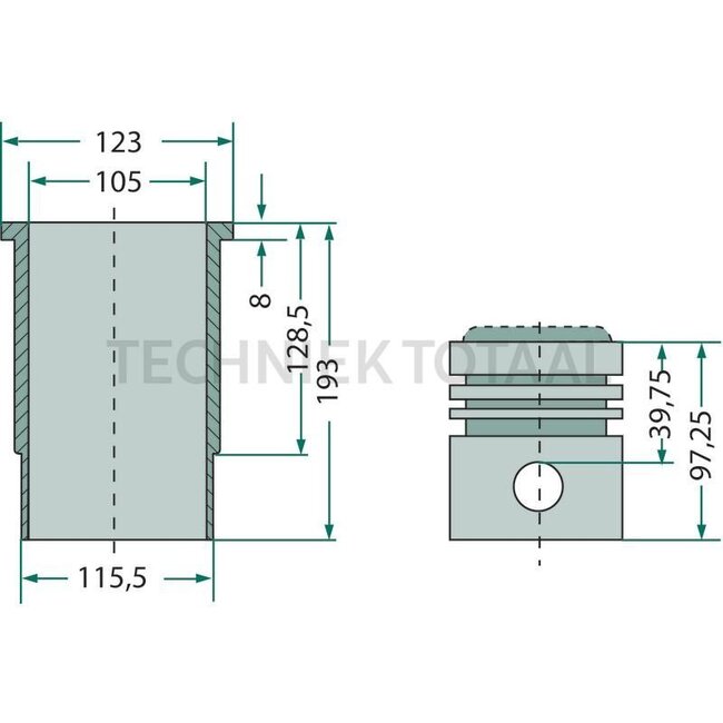 GRANIT Zuiger en cilinderset 3 veren, Ø: 105 mm, pistonpen Ø: 35 x 86 mm, verbrandingskamer Ø: 57,5 mm, verbrandingskamerdiepte 19,3 mm - 38019504, 0.386.0065.A