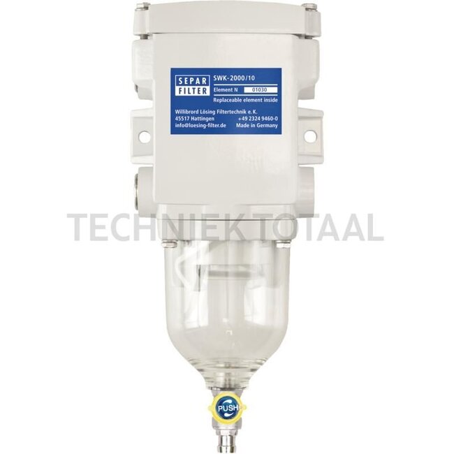 Water separator - 56799017 | Flow rate: 10 l/min | Available filter unit: 10 μm (cellulose paper), 30 μm (cellulose paper), 60 μm (metal strainer) | Included in delivery: Filter with part no. 56799020 | Version: SWK-2000/10, Water separation: 99% of the f
