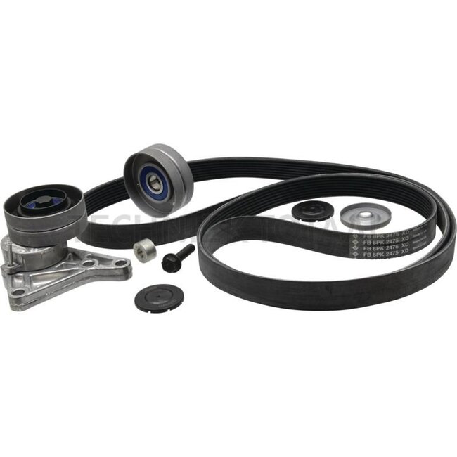 GRANIT Riemen-Kit - 747529407710, A156090 + AL157596 + L111601, 529407710, AL112298, AL116546, AL155417 | Ausführung: mit Klima- aber ohne Druckluftanlage | bestehend aus: Riemenspanner, Umlenkrolle, Riemen | Länge Riemen: 2475 mm | Rippen: 8 n