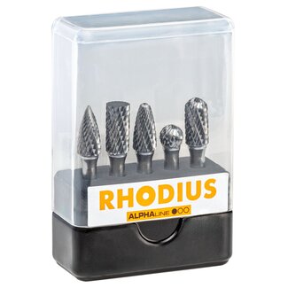 RHODIUS Set of carbide burrs Z7, 9.6mm, double cut - 5-piece