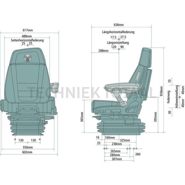 GRAMMER Maximo Evolution Dynamic neues Design MSG95EL/741 - 11018300 | Federung: luftgefedert | Polsterart: Stoff / Neues Design | Sitzkontaktschalter: Ja | Spurmaß: 260 mm | Sitzbreite: 550 mm | Joystickkonsole: Optional | Seitenhorizontalfederung: Ja | Längshor