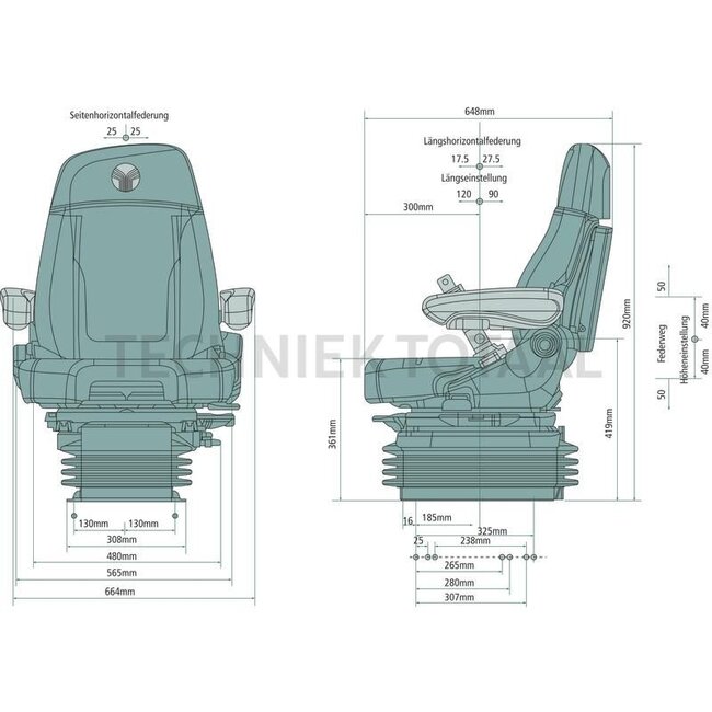 GRAMMER Maximo Dynamic Plus MSG95AL/741 - 11052761 | Ophanging: luchtgeveerd | Bekledingstype: Stof / Nieuw ontwerp | Zittingcontactschakelaar: Optioneel | Spoormaat: 260 mm | Zittingbreedte: 565 mm | Joystickconsole: Optioneel | Horizontale vering in de dwarsric