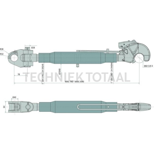 CBM CBM Mechanischer Oberlenker Cat 4/3 - 12361220 | Top link type: mechanical | Type: Fanghaken / Gabelgelenk | A cat.: 11749 | B cat.: 60 | D (mm): 740 / 1040 | I (mm): 1 3/4" 5UNC | K (mm): 64