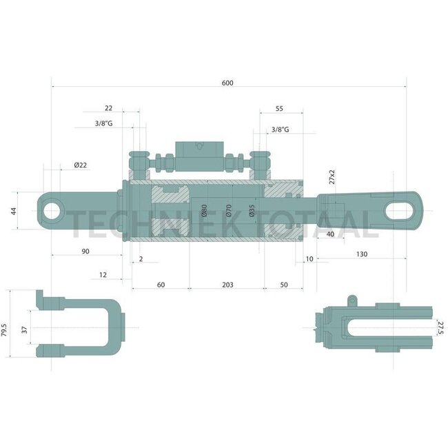 GRANIT Hydraulic lifting strut clevis/clevis, 600 mm, stroke 200 mm