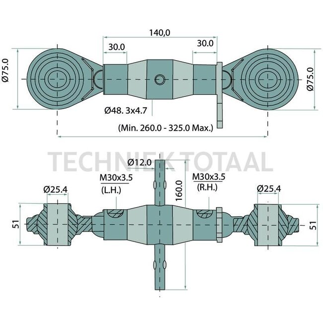 GRANIT Top link cat. 2, 260 - 325 mm, M30 x 3,5, threaded spindle / threaded spindle