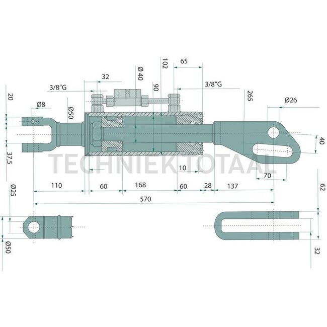 GRANIT GRANIT Hydraulic lifting strut Check valve with 3/8‚Äù thread - 71802109 | Type: Fork joint / fork joint | A (mm): 26 | S (mm): 37,5 | B (mm): 25,4 | S1 (mm): 32 | L (mm): 570 | C (mm): 40 | D (mm): 90 | Stroke (mm): 168