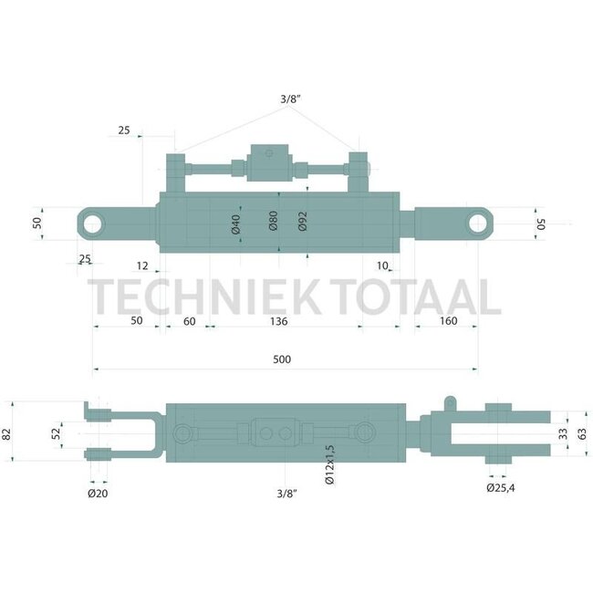 GRANIT Hefstang gaffelkop/gaffelkop, 500 mm, slag 136 mm