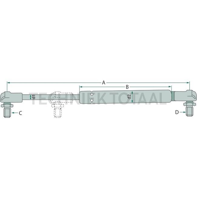 GRANIT Gasdrukveer - 6549707728 | Newton: 280 | A: 250 mm | C: 10 mm | D: 10 mm | Slag: 79 mm | d1: 8 mm | d2: 19 mm | Vorm: 2 | Uitvoering: Haaks kogelgewricht met metalen kogelpan