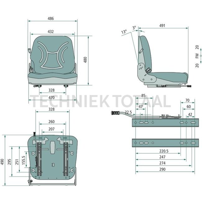 GRANIT Zitting - 24000038A | Hoogte: 480 mm | Lengte: 491 → 508 mm | Technische gegevens: • Bevestigingspunten voor het achteraf aanbrengen van een heupgordel, • Geveerde zitting met veerinstelling voor een gewicht van 50 tot 130 kg, • Lengteverstelling met gele