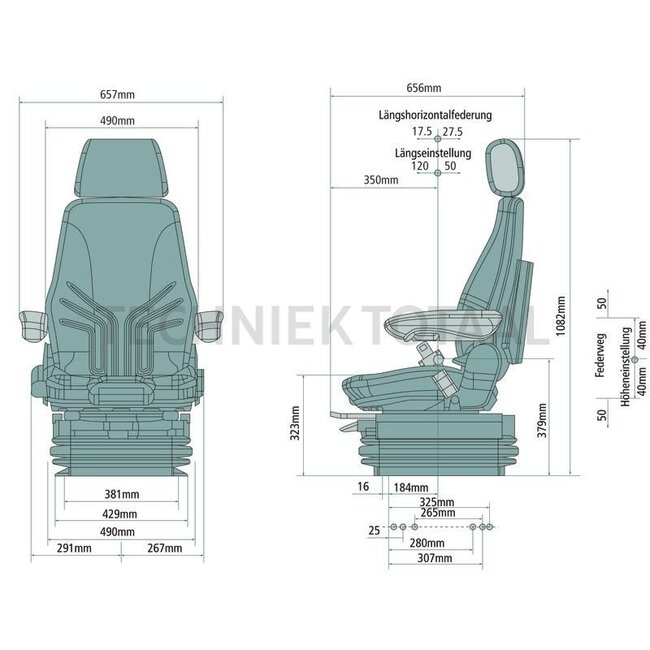GRAMMER Actimo XXL MSG97AL/722 - 2401294779CATKK | To fit: Caterpillar series 926M to 938M | Suspension: Air suspension | Upholstery type: Fabric | Seat contact switch: Optional | Track gauge: 381 mm | Seat width: 490 mm | Joystick console: Optional | Side horizo