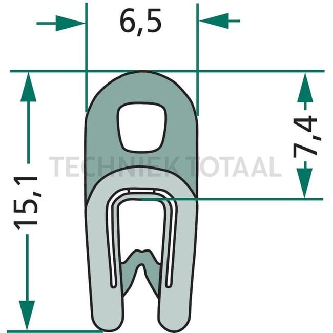 GRANIT Rubber seal - 5 meter - 654A1107/5 | Clamping range: 1 - 2 mm | Length: 5 m | B: 6,5 mm | H: 15,1 mm