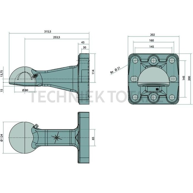 Scharmüller Drawbar eye - 777006509700A02 | D-value: 120,2 kN | Flange: 8 holes | Load capacity: 4000 kg | Hole pattern: 145 x 145 mm | Hole: M21 mm | No. of holes: 8 | Colour: Black | Lock: Ball 80 | Overhang: 253,5 mm | Length: 315,5 mm | Drawbar eye: Vega