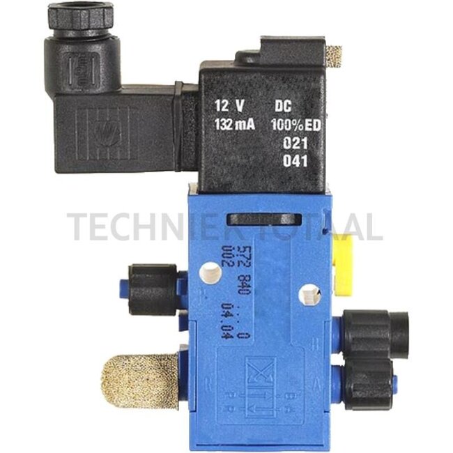 GRANIT 4/2-way solenoid valve For controlling pneumatic components in commercial vehicles - 12054218 | Connection: 1 = energy inflow; 2 = energy drain; 3 = vent; 4 = energy drain | Notes: Complete with fitting and filter, with connector | Electrical connection: