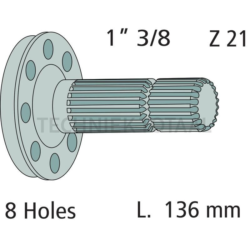 GRANIT Aftakas-eindstuk 136 mm, 1 3/8 inch 21 splines, 8 boringen, foto 2 van 2
