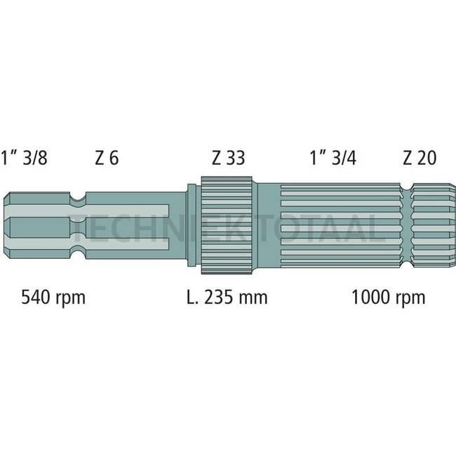 GRANIT Aftakas-eindstuk 235 mm, 1 3/8 inch 6 splines, 1 3/4 inch 20 splines