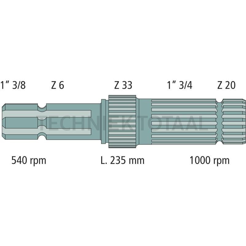 Aftakas-eindstuk 235 mm, 1 3/8 inch 6 splines, 1 3/4 inch 20 splines, foto 2 van 2