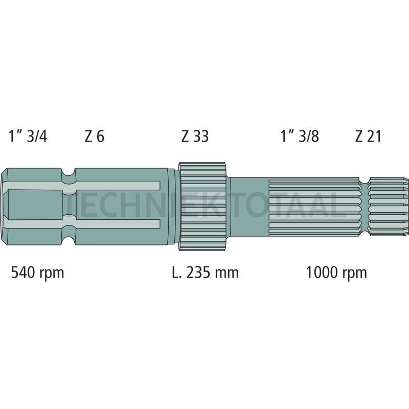 GRANIT Aftakas-eindstuk 235 mm, 1 3/8 inch 21 splines, 1 3/4 inch 6 splines, foto 2 van 2