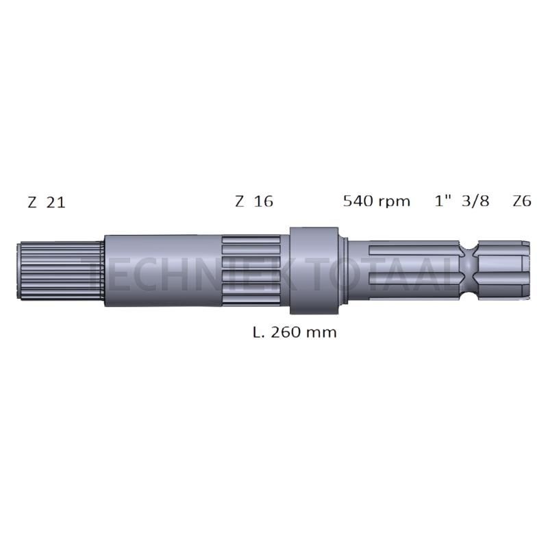 Aftakas-eindstuk 260 mm, 1 3/8" 6 spline, 540 omw./min. John Deere