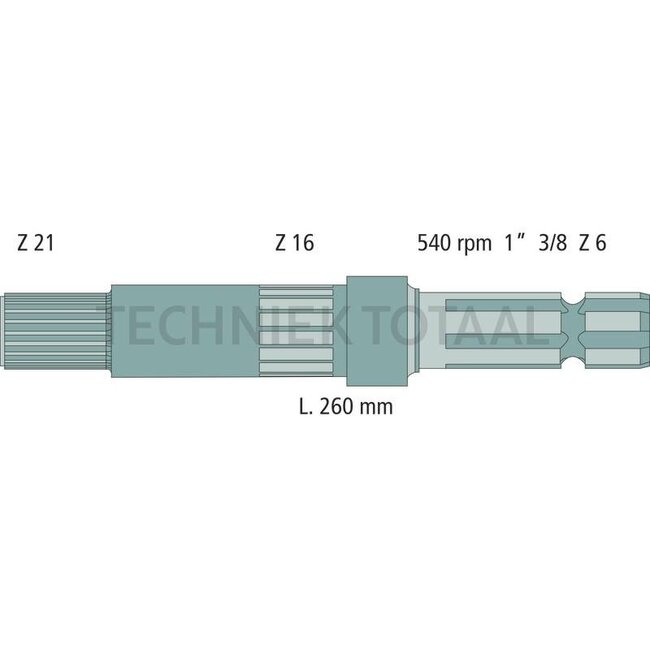 GRANIT Aftakas-eindstuk 260 mm, 1 3/8" 6 spline, 540 omw./min. John Deere